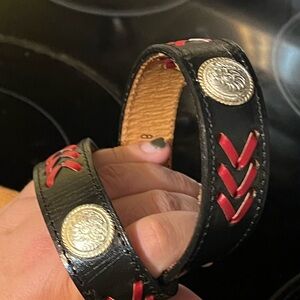 Vintage Dun Dee Black Leather Belt With Red Stitching And Silver Accents 22”
